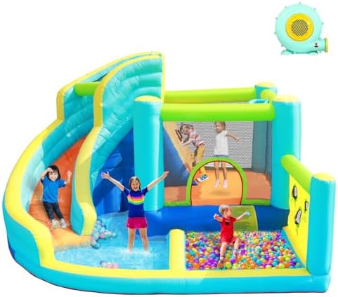 FBSPORT Hüpfburg mit Gebläse, Wasserspielcenter mit Trocken/Wasserrutsche Planschbecken Kletterwand Sprung und Basketballkorb, Groß Hüpfburg for Indoor & Outdoor, Hält bis zu 5 Kin