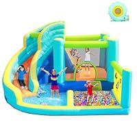 FBSPORT Hüpfburg mit Gebläse, Wasserspielcenter mit Trocken/Wasserrutsche Planschbecken Kletterwand Sprung und Basketballkorb, Groß Hüpfburg for Indoor & Outdoor, Hält bis zu 5 Kinder/180KG
