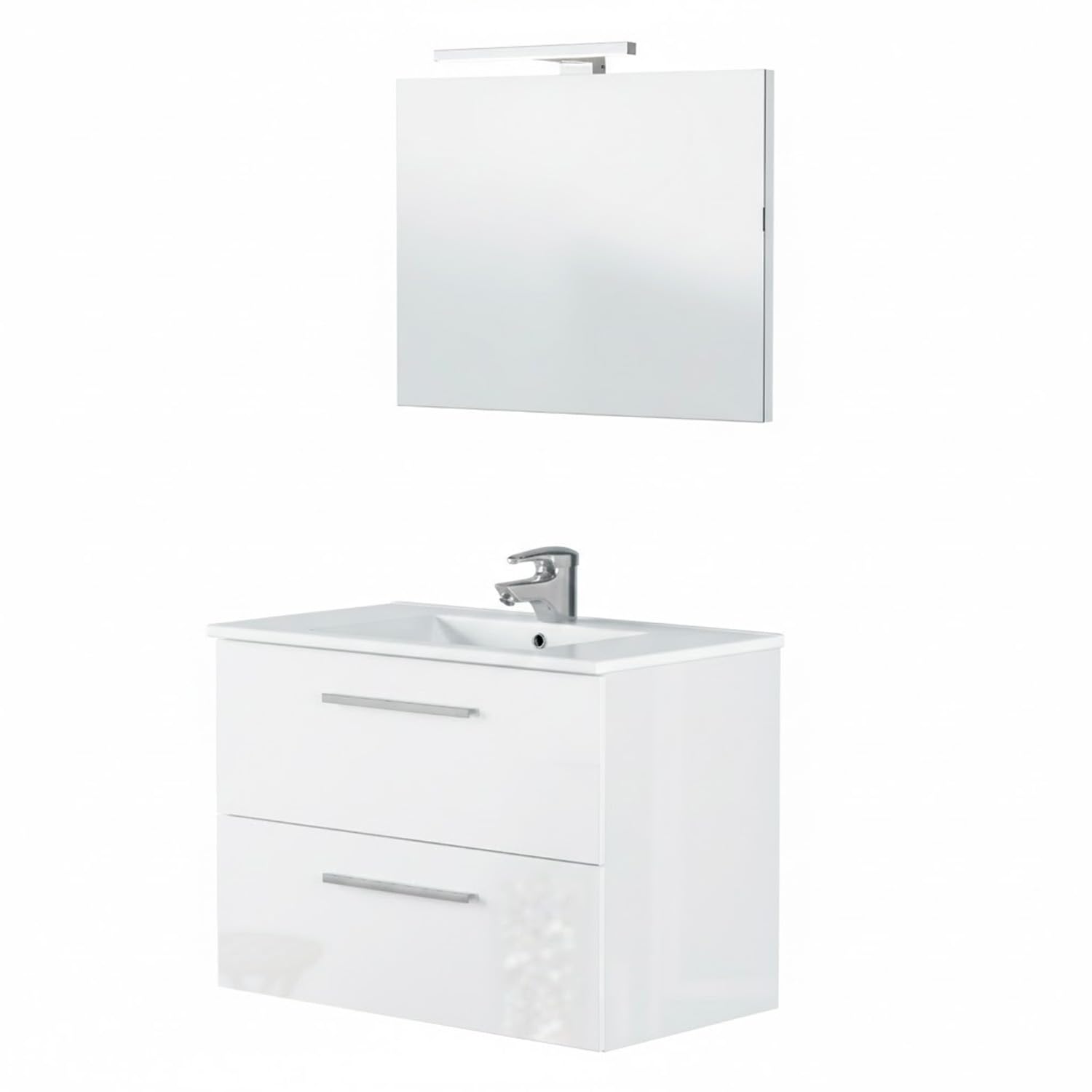 Bricozone Mobile Bagno Sospeso 80 Cm Con Lavabo In Ceramica Specchio E Led Da 45 Cm Bianco 2 Cassetti Chiusura Assistita Per Arredo Bagno Contemporaneo (Mobile Lavabo e Specchio con Led da 45 Cm)