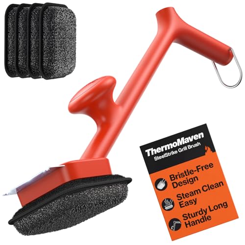 Image of ThermoMaven BBQ Grill Brush Bristle Free - 17 inch Safe Steam Grill Cleaner Brush with Scraper and 5 Brush Heads for Porcelain /Gas /Charcoal Grill Outdoor Grill Barbecue Cleaner