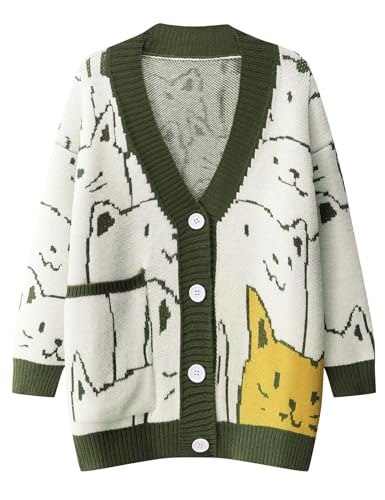 Image of Gihuo Women Cat Sweater Oversized Cute Kawaii Cardigan Knit Graphic V Neck Loose Fit Long Sleeve Cardigan Coat
