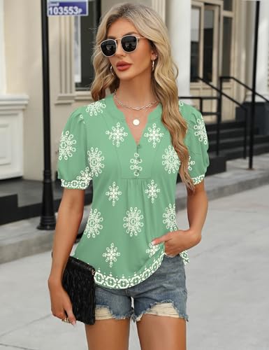 Image of IECCP Womens Tops Puff Short Sleeve Shirts Dressy Casual Henley V-Neck Summer Tops Pleated T-Shirts Loose Fit Tunic Blouses