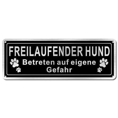 SINMAO Vorsicht Freilaufender Hund Schild Metall 9x25cm,Betreten Auf Eigene Gefahr Hier Wache Ich Gebürstetes Aluminium