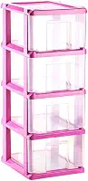 Gaveteiro organizador transparente com 4 gavetas grandes e estrutura rosa com rodinhas