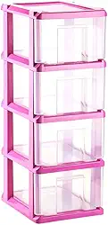 Gaveteiro organizador transparente com 4 gavetas grandes e estrutura rosa com rodinhas
