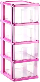 Gaveteiro organizador transparente com 4 gavetas grandes e estrutura rosa com rodinhas