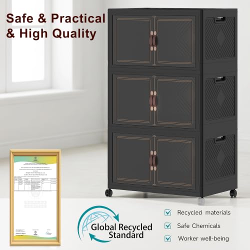 Image of Extra Large Stackable Storage Bins, Lockable Storage Bins with Lids | Folding Storage Box with Doors and Wheels, Collapsible Plastic Drawers for Home, Garage, Office (4, Black, Extra Large)