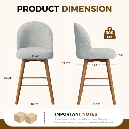 Image of Modern Swivel Bar Stools Set of 2, Chic Upholstered Counter Height(26IN) Bar Chair with Back, Solid Wood Legs and Footrest, Comfortable Chenille Bar Stool for Kitchen Island, Dove Grey