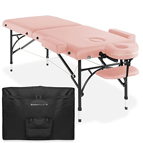 Saloniture Professional Portable Lightweight Bi-Fold Massage Table with Aluminum Legs - Includes Headrest Face Cradle Armrests and Carrying Case - Pink