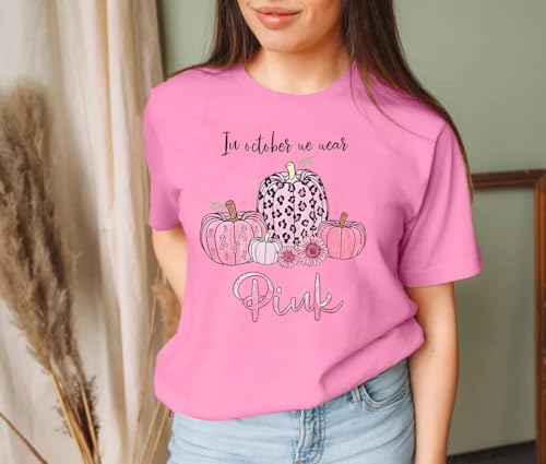 in October We Wear Pink Shirts Women Halloween Pink Graphic Breast Cancer Short Sleeve Fall Tee Top2