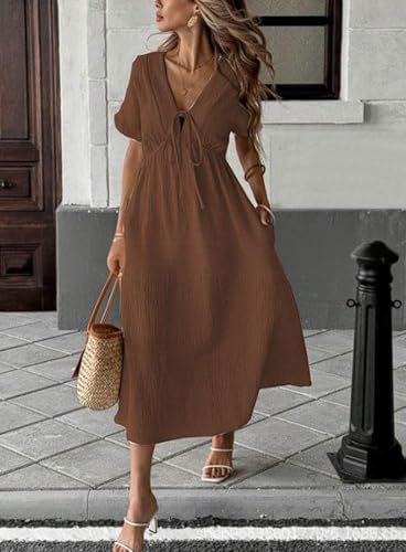 chouyatou Women's Summer Boho V-Neck Cotton Tunic Dress Casual Loose Short Sleeve Midi Long Beach Dress2