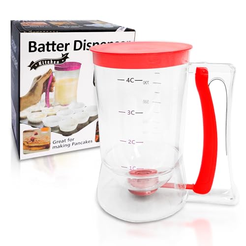 HVIHWI Dispensador de masa para tartas con tapa y escala, dispensador de masa de 900 ml, dispensador de masa, vaso medidor para magdalenas, panqueques, gofres y cupcakes, herramienta de bricolaje para