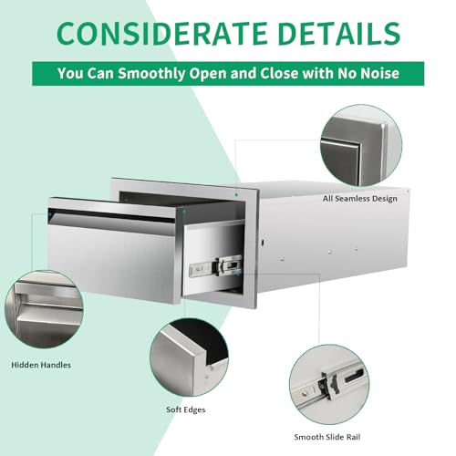Image of Outdoor Kitchen Drawers 14 inch W x 8.5 inch H x 23 inch D Stainless Steel Single Drawers with Hidden Handle for BBQ Island, Patio Grill Station & Outdoor Kitchen Cabinets