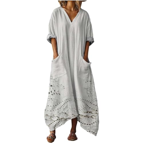 Vintage Kleider Damen Sommerkleid Maxi Mit Taschen Boho Kleid Lang V-Ausschnitt Lose Strandkleider Blumenkleid Leichtes Sommerkleid Tunika Bohemian Kleidung Urlaub Freizeit Asymmetrisch Frauen Casual