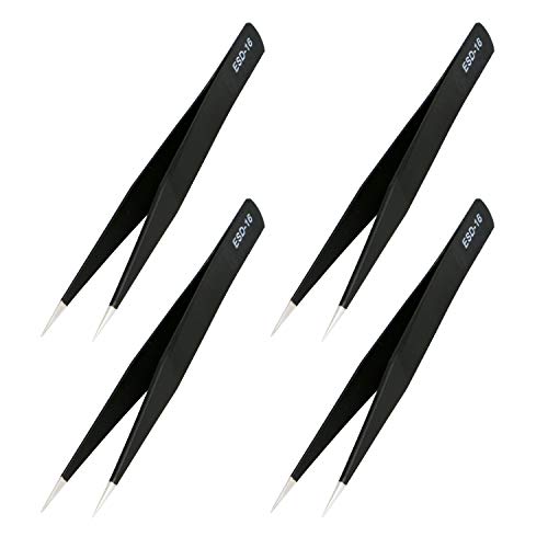Aoje-Link ESD-16 Professional Anti-Static Precision Technology Tweezers, Non-Magnetic Straight Pointed Tip, Stainless Steel Plastic Coated, Full Length 125mm, Black, 4pcs