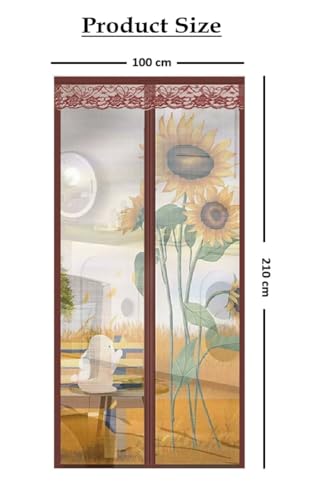 Image of Sun Flower Mosquito Net for Door Polyester Magnetic Curtain Auto Closing Insect Screen for All Door Types & Sizes with Self Adhesive Hook Tape (210 * 100cm)