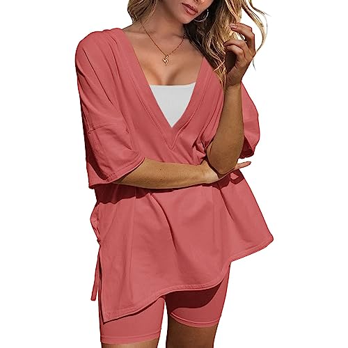 Roupas femininas de 2 peças, roupa de verão combinando com gola V, shorts de motociclista, conjunto