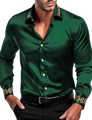 Men's Luxury Satin Dress Shirt Shiny Embroidery Silk Long Sleeve Button Up Shirts Prom Wedding Party Shirt