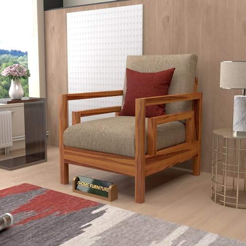 Image of Sheesham Wood Single Seater Sofa Chair | Wooden Single Sofa Chair - Premium Single Chair for Living Room, Bedroom, Office & Home Furniture (Jake Honey, 1 Seater)
