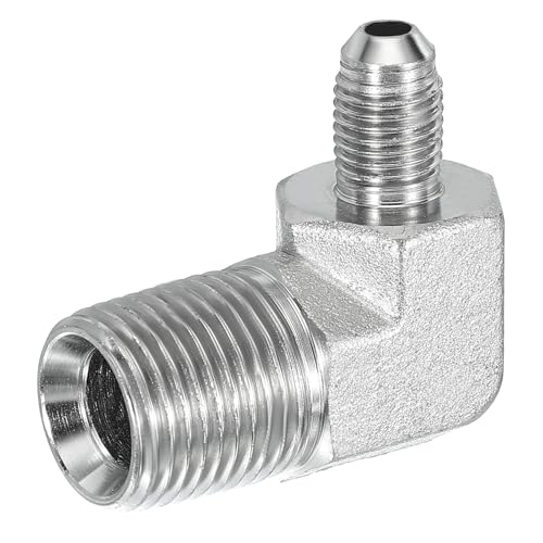 Image of PATIKIL 90 Degree Pipe Adapter, 7 /16 inch Male 37 Flare JIC x 1 /2 inch BSPT Male Connector Carbon Steel Elbow Fitting for Air Hydraulic Fluid Fuel Water Oil, Silver