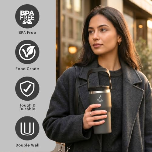 Image of FLAIR Rage Vacuum Insulated Coffee Tumbler 500 ml Black | 2-in-1 Lid (Straw & Sip)| 304 Double Wall Stainless Steel | Leak-Proof Lid | Hot & Cold Travel Mug with Handle | BPA-Free