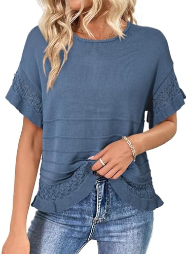 Dokotoo Womens Tops Cute Summer Casual Sweaters for Women Fashion Knit Short Sleeve Top Oversized Solid Color Crewneck Pullover Sweater Ruffled Hem Peplum Loose Fit Blouses Shirt 2026 Blue Large