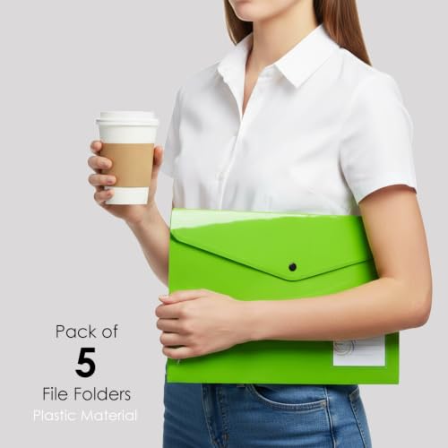 Image of Shuban A4 Plastic File Folder Document Organizer, Plastic File Holder with Snap Button, Waterproof Certificate Folder for Office, School, Home (Style-1-Plain Folder - 5 Pcs -Multi Color)