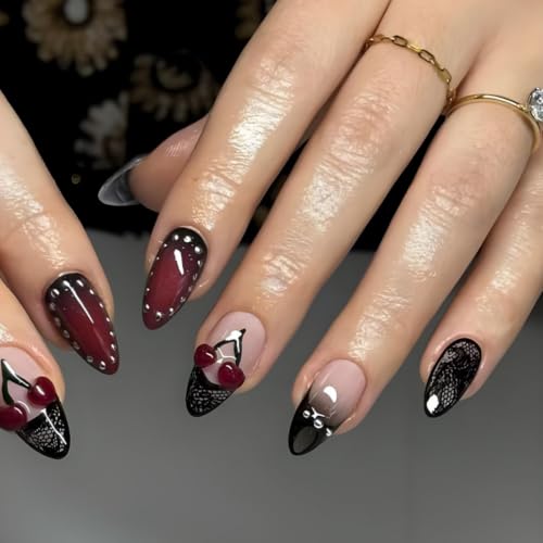 Image of Black Lace Press on Nails French Tip Fake Nails 3D Cherry Nail Press ons | with Red Ombre Design Medium Almond False Nail Reusable Glossy Full Cover Gothic Stick on Nail for Women Manicure 24Pcs