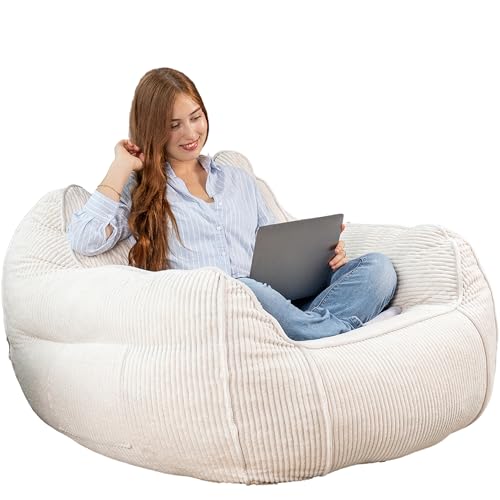 Bananair - Pouf Salon & Chambre en Velours Côtelé - Fauteuil Pouf Cocooning, Élégant & Douillet - Idéal pour Coin Lecture ou Cosy (Blanc Cassé)