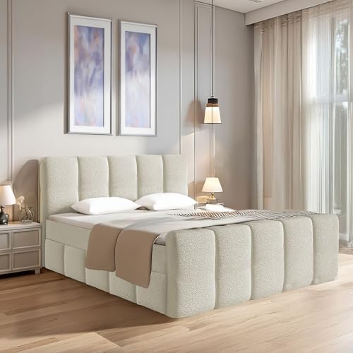 Juskys Boxspringbett Manitoba 180 x 200 cm - Modernes Design mit Bouclé-Stoff, Gepolstertes Kopfteil, Inkl. Topper - Beige Juskys Boxspringbett Manitoba 180 x 200 cm - Modernes Design mit Bouclé-Stoff, Gepolstertes Kopfteil, Inkl. Topper - Beige