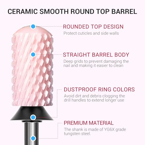 Image of MelodySusie Ceramic Nail Drill Bit, 3 /32'' Smooth Round Top Large Barrel Bits, Suitable for Manicure Pedicure Cuticle Gel Polishing, Beginners Bits, Pink, Series Bit-S, Extra Coarse