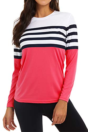 NEYOUQE Woman s Sport Striped Long Sleeve College Tshirt Petty Fashion Plus Size Yoga Workout Clothing Tops Soft Basic tees Rose Red L