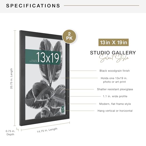 MCS Studio Gallery 13x19 Picture Frame Black Woodgrain, Rectangle Photo Frame for Photos, Posters & Art Prints (2-Pack)