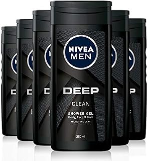 NIVEA MEN Deep Shower Gel Pack of 6 (6 x 250ml), Face, Hair & Body Wash Black Charcoal Shower Gel, 24H Deeply Cleansing and Invigorating Men's Shower Gel