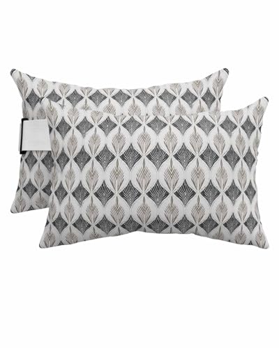 Outdoor Pillows Covers with Inserts Modern Abstract Geometric Pattern Vintage Flowers Black Waterproof Pillow with Adjustable Strap Throw Pillows for Patio Furniture Lounge Chair, 12x20 Inch, 2PCS