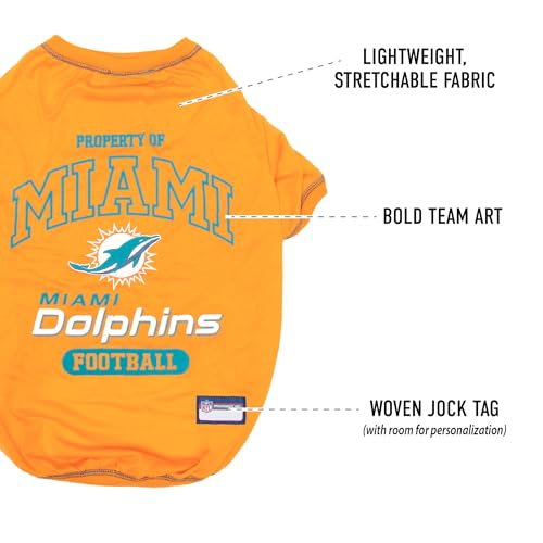 Image of NFL Miami Dolphins Dog T-Shirt for Pets, Size Small. Officially Licensed Pet Shirt with Team Logo, Soft Stretchable Comfort Fit Apparel for Dogs & Cats