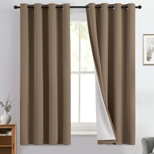 Image of Yakamok Khaki Blackout Curtains 63 Inches Long for Bedroom 50 inch Wide 2 Panel | Blackout Curtain Panels for Bedroom, 2 Thick Layers Grommet Top Thermal Insulated Drapes with White Back for Living Room