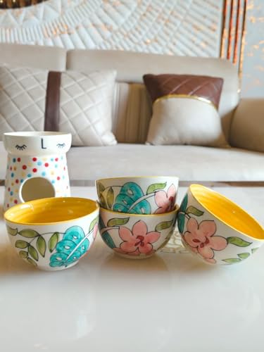 Image of Niyara Stoneware Handmade Ceramic Stylish Premium Serving Bowls /Salad Tray Microwave Dishwasher Safe (Yellow Floral Bowl)