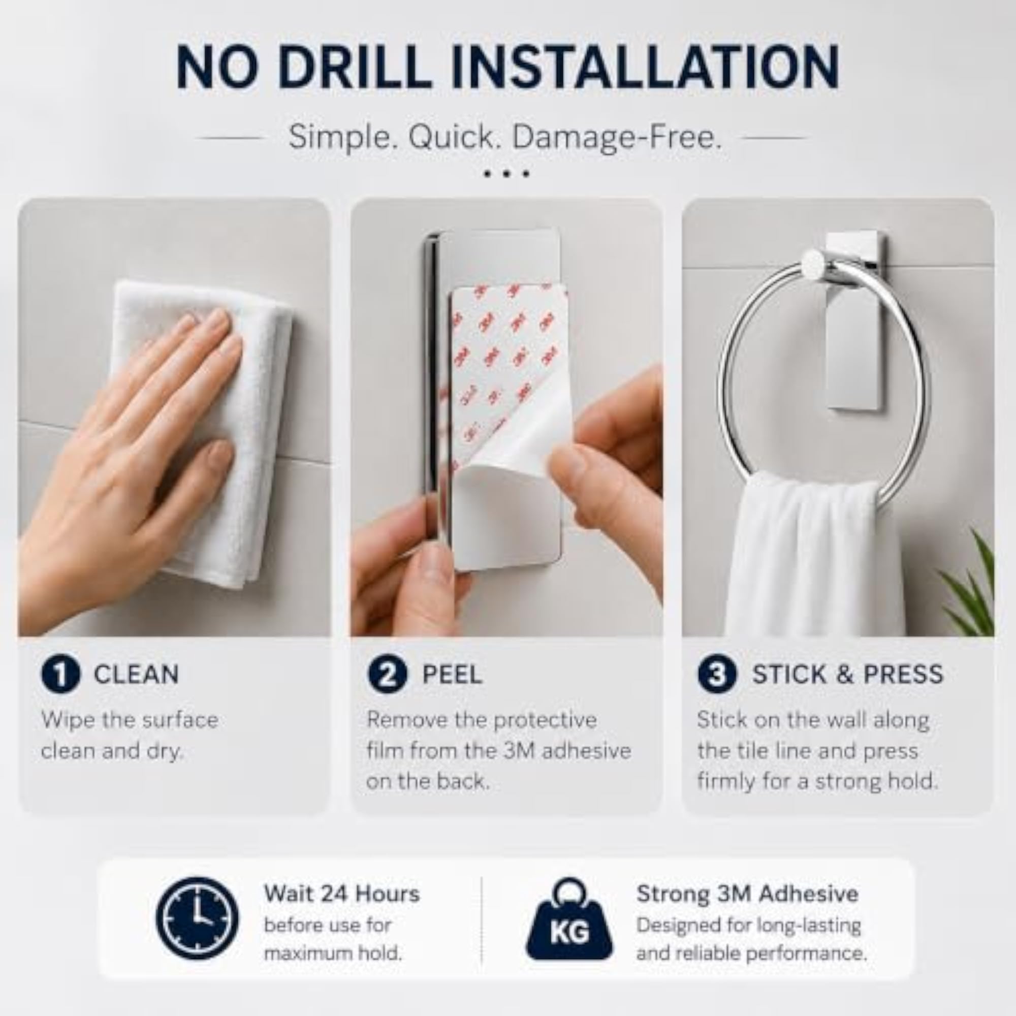 Stainless Steel Self Adhesive Towel Ring Holder, No Drill