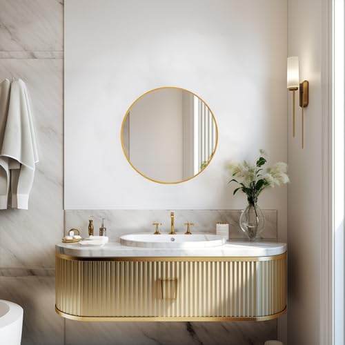 Image of Sunniry Gold Round Mirror 16 inch, Small Round Mirror, Gold Circle Mirrors, Brushed Metal Frame Circle Mirrors for Bathroom, Bedroom, Vanity, Wall Decor.