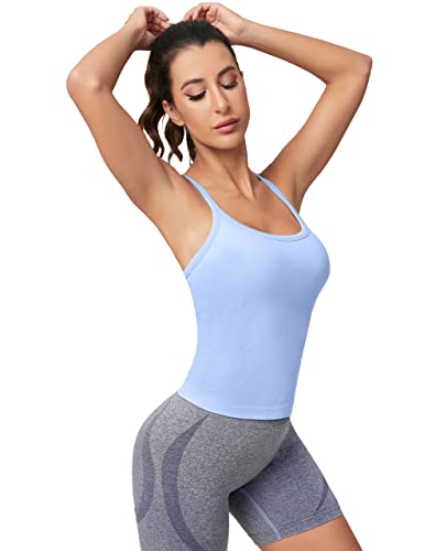 Image of MathCat Workout Tank Tops for Women with Built in Bra, Sleeveless Gym Tops Seamless Racerback Athletic Yoga Shirts Light Blue
