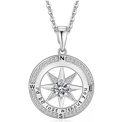 Collier boussole pour femme Karma HK1022 en argent et cristaux avec chaîne de 43 cm