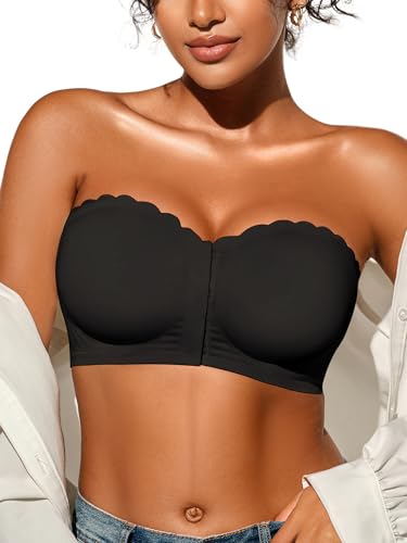 Image of Strapless Bras for Women, XS-XL, Front Closure Anti-Slip Comfortable Bandeau Top, Wavy Edge Padded Bra