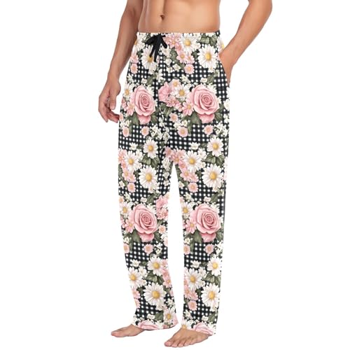 Men's Pink Roses Daisies Pajama Pants with Pockets - Straight Fit Cotton Sleep Bottoms for Lounge & Nightwear#934