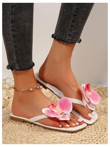 Women's 3D Floral Appliques Flip Flops Flat Sandals Flower Square Open Toe Thong Summer Beach Sandals2