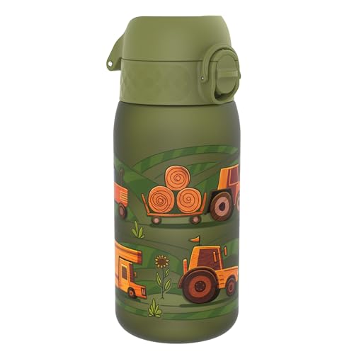Ion8 Gourde Enfant, 350ml, Anti-Fuite, Facile à Ouvrir, Verrouillage Sécurisé, Lavable en Lave-Vaisselle, Sans BPA, Poignée de Transport, Facile à Nettoyer, Carbone Neutre, Motif Machines Agricoles