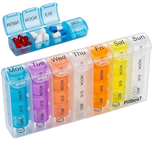 Weekly Pill Boxes 7 Day 4 Times a Day Monday to Sunday | 7 Day Pill Box Organiser 4 Times a Day Spring Open Design and Secure Snap Lock Lids. 4 Times a Day Pill Box Organiser for Home Travel or Work.