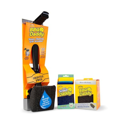 Scrub Daddy BBQ Daddy Grill Cleaner Kit - Bristle Free Grill Brush with Refill + 2 Steel Scour Daddy Grill Sponges - Built-in Grill Scraper - Temperature Controlled Grill Cleaning Tools (4 Count)
