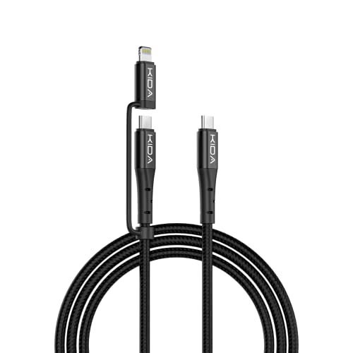 Image of KIDA 2 in 1 Cable 60W PD USB C TO USB C Cable / 20W iOS Nylon Braided Fast Charging Cable Compatible with MacBook iPad Pro Air iPhone 14 13 12 11 Galaxy S22 S21-1.25M (Black)
