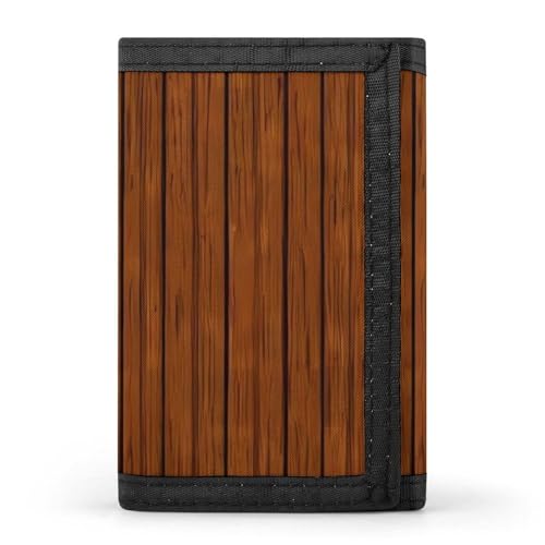 BVKWNTSA Elegante y duradera cartera de tres pliegues con estampado de madera marrón, ranuras para múltiples tarjetas, gran capacidad y portátil, Patrón de madera marrón, Talla única